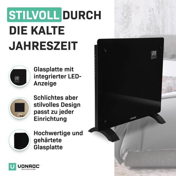 Schwarzer VONROC Heizkörper aus Glas mit LED-Anzeige auf Füßen