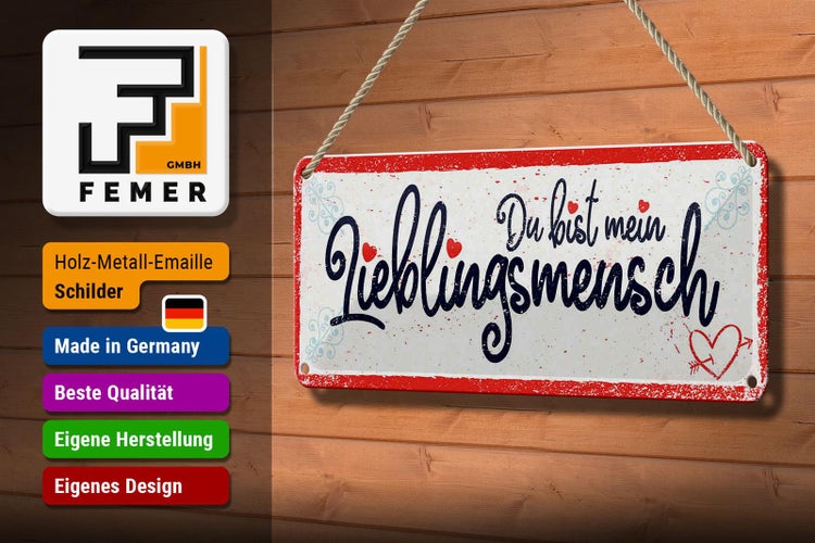 Emaille-Schild mit der Aufschrift 'Du bist mein Lieblingsmensch' und Femer Logo