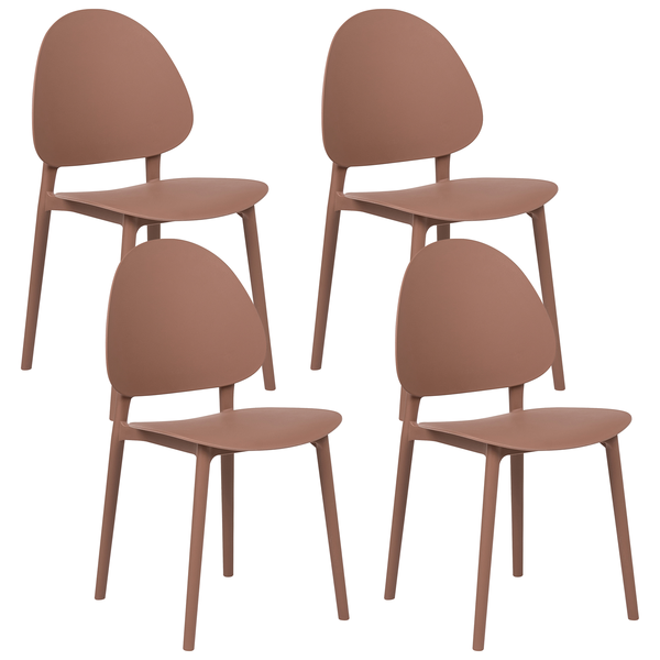 Set aus vier modernen Kunststoff-Esszimmerstühlen mit abgerundeter Rückenlehne.