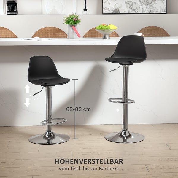 HOMCOM Barhocker 2er Set, Gepolstert Barstuhl mit Stahlgestell, Lehne, Höhenverstellbar Küchenstühle mit Fußstütze 360° Drehbar Tresenhocker für Küche, Wohnzimmer, Esszimmer, Kunstleder Schwarz