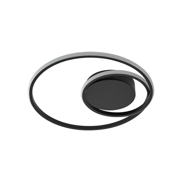 Moderne schwarze Deckenleuchte mit ineinander verschlungenen ovalen Ringen.
