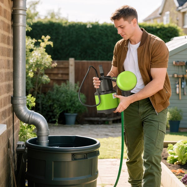 Mann hält eine Regenfasspumpe zur Bewässerung im Garten neben einer Regentonne mit Fallrohr.
