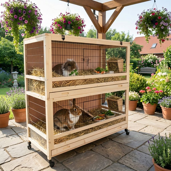 Doppelstöckiger Kleintierstall aus hellem Holz auf Rollen, stehend auf einer gepflasterten Terrasse im Garten, mit zwei Kaninchen auf Stroh.