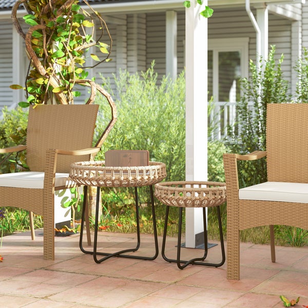 Outsunny 2er Set Beistelltisch Polyrattan Ø60/41 cm rund wetterfest Gartentisch mit X-Beine Verstellbare Fußpads Outdoor Balkontisch Couchtisch Gartenmöbel für Garten, Balkon Braun