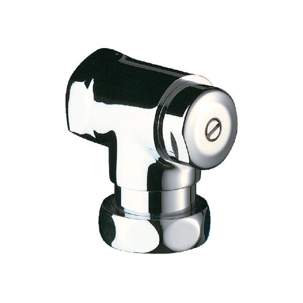 Verchromte Rücklaufverschraubung für Heizkörper in Winkelform mit Einstellschraube.