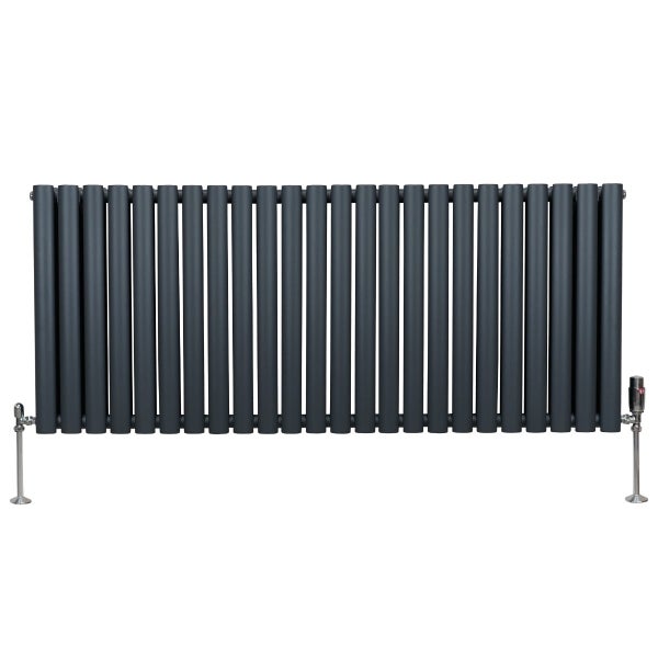 Oval Röhrenheizkörper & Chrom Thermostatventile – 600mm x 1440mm - Anthrazitgrau