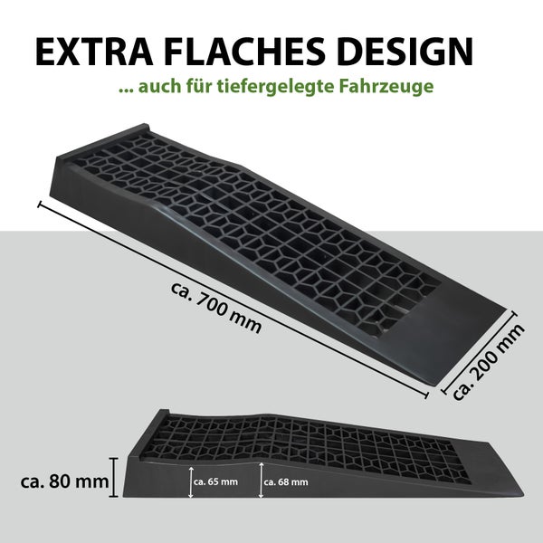 Auffahrrampe für tiefergelegte Fahrzeuge, flaches Design, circa 700 Millimeter lang, 200 Millimeter breit und 80 Millimeter hoch.