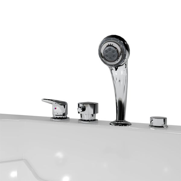 4-Loch Wannenrandarmatur aus verchromtem Metall mit Einhebelmischer, Umsteller und ausziehbarer Handbrause.