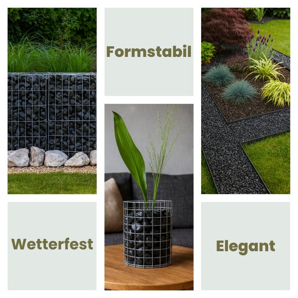 Collage mit Gabionen und Zierkies zur Gartengestaltung