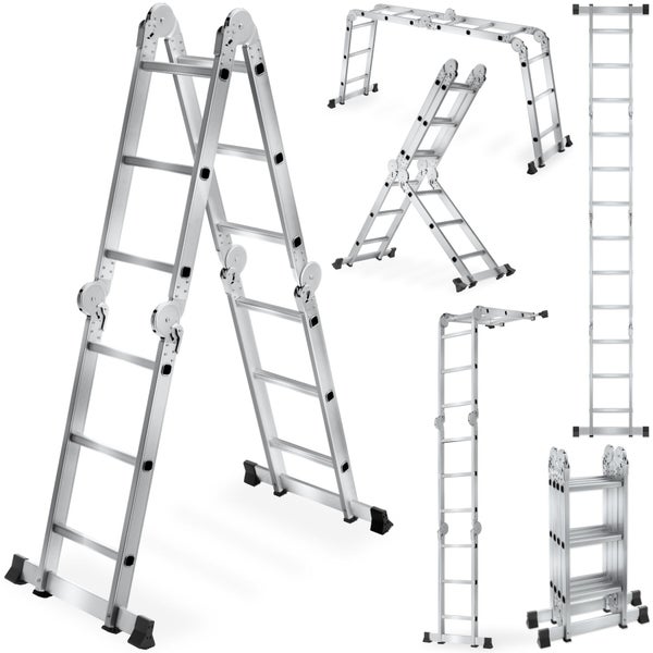 Aluminium-Vielzweckleiter mit Gelenken in verschiedenen Anwendungspositionen wie Stehleiter, Anlegeleiter und Arbeitsbühne.