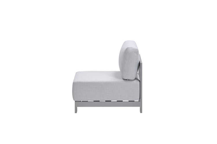 Graues Gartenlounge Mittelmodul in der Seitenansicht mit hellgrauen Polstern und Metallgestell.