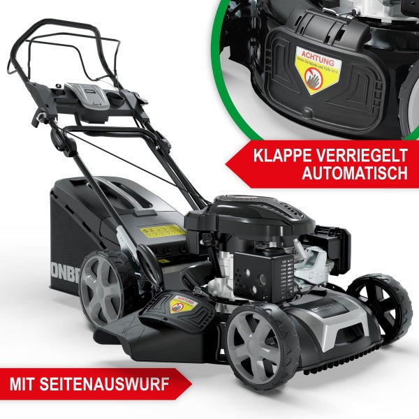 Benzin-Rasenmäher von Onbest mit Seitenauswurf und automatisch verriegelnder Klappe, inklusive Fangkorb und großen Rädern.