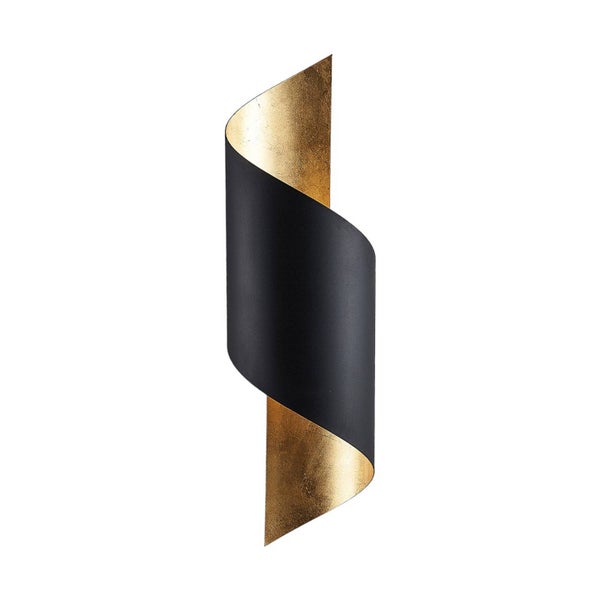Moderne Wandleuchte in geschwungener Spiralform, Metall, Außenseite Schwarz, Innenseite Gold.