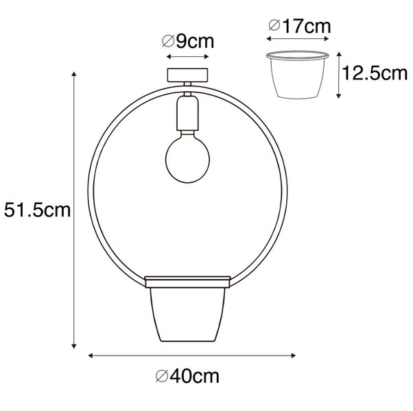 Skizze einer Pflanzenlampe mit den Maßen 51,5 cm Höhe, 40 cm Durchmesser und einem 17 cm Pflanzgefäß