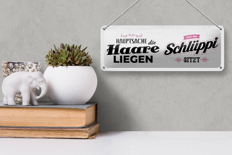 Blechschild Spruch Hauptsache Haare liegen Schlüppi 27x10cm