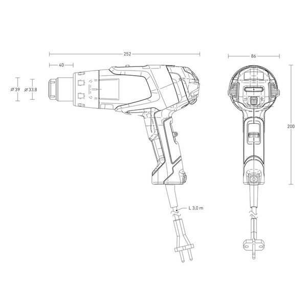 Technische Zeichnung einer Heißluftpistole: Länge 252 Millimeter, Höhe 200 Millimeter, Breite 86 Millimeter und Kabellänge 3 Meter.