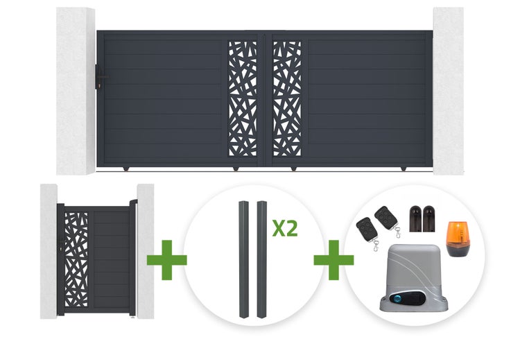 Doppelflügeltor mit Ornamentmuster, dazu passendes Gartentor, zwei Pfosten und elektrischer Torantrieb mit Fernbedienungen und Warnleuchte.