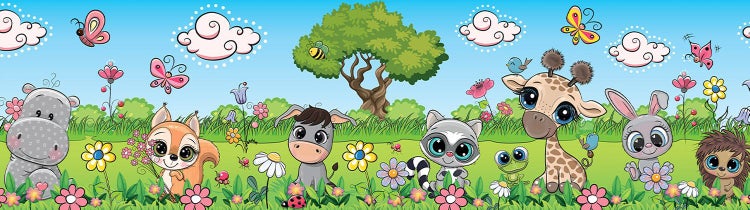 Tapetenborte für Kinderzimmer mit Comic-Tieren wie Nilpferd, Eichhörnchen, Esel, Waschbär, Giraffe, Hase und Igel auf einer bunten Blumenwiese.