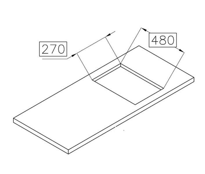Technische Zeichnung eines Ausschnitts in einer Arbeitsplatte mit Maßen von 270 Millimeter mal 480 Millimeter.