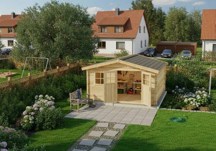 Gartenszene mit offenem Holzgartenhaus, Werkzeug, Rasenmäher, Werkbank und Gartenschlauch
