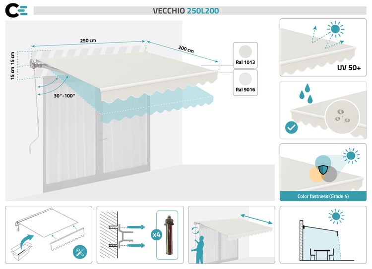 Vecchio Gelenkarmmarkise 250L200 mit Maßen und Produkteigenschaften