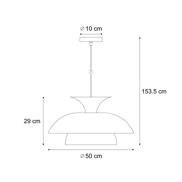 Technische Zeichnung einer Pendelleuchte mit den Maßen: Höhe 153,5 cm, Durchmesser Lampenschirm 50 cm, Durchmesser Deckenbefestigung 10 cm, Höhe Lampenschirm 29 cm