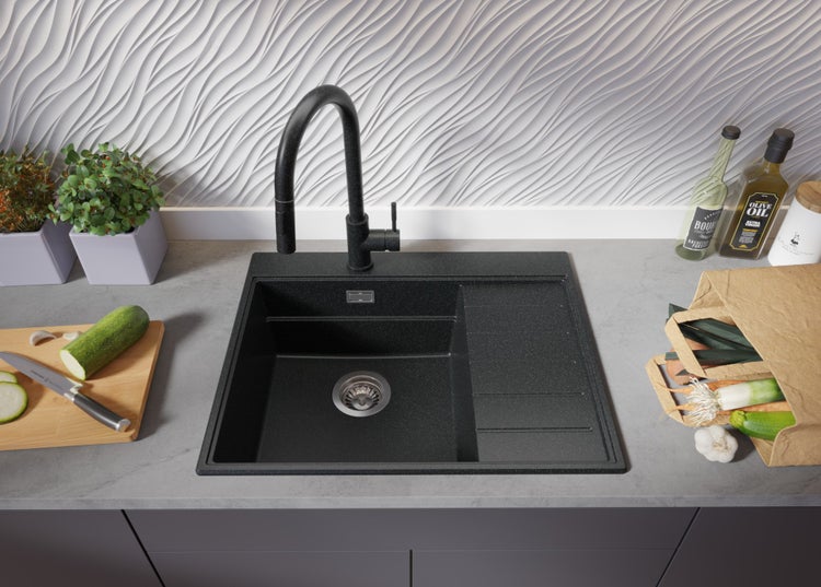 PRIMAGRAN Spülbecken Anthrazit 62x50cm, Granitspüle 1 Becken + Ablauf-Set + Küchenzubehörset, Küchenspüle ab 45er Unterschrank - Sydney