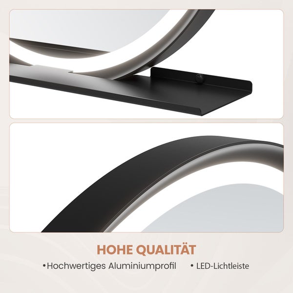 Detailansicht eines runden Wandspiegels mit integrierter LED Beleuchtung und Ablagefläche aus hochwertigem Aluminiumprofil.