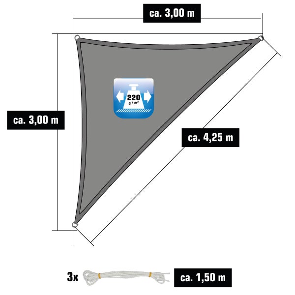 Dreieckiges Sonnensegel, circa 3,00 x 3,00 x 4,25 Meter, 220 Gramm pro Quadratmeter, inklusive 3 Seilen von circa 1,50 Meter.