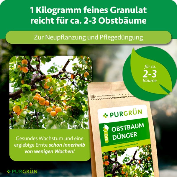 Purgrün Bio Obstbaumdünger in einer 1 Kilogramm Packung, geeignet für circa 2 bis 3 Obstbäume zur Neupflanzung und Pflegedüngung.