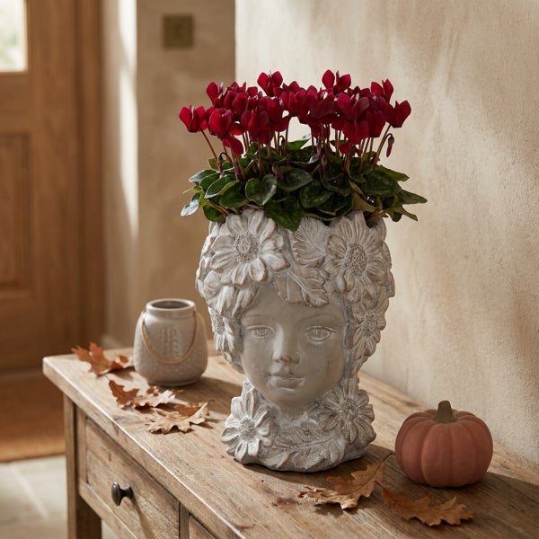Pflanztopf in Form eines Frauengesichts mit Blumenornamenten, bepflanzt mit Alpenveilchen, auf einem Holztisch mit Herbstdekoration.