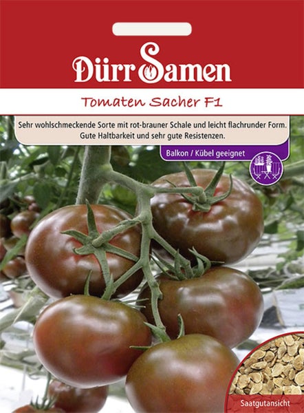 Samentüte Dürr Samen Tomaten Sacher F1 mit Dürr Samen Logo, Abbildung rot-brauner Tomaten, Symbol für Balkoneignung und Detailansicht der Samen.