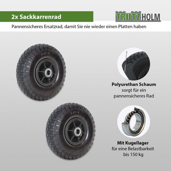 Zwei pannensichere Sackkarrenräder aus Polyurethanschaum mit Kugellager von Trutzholm Logo, belastbar bis 150 Kilogramm, Größe 3.00-4.
