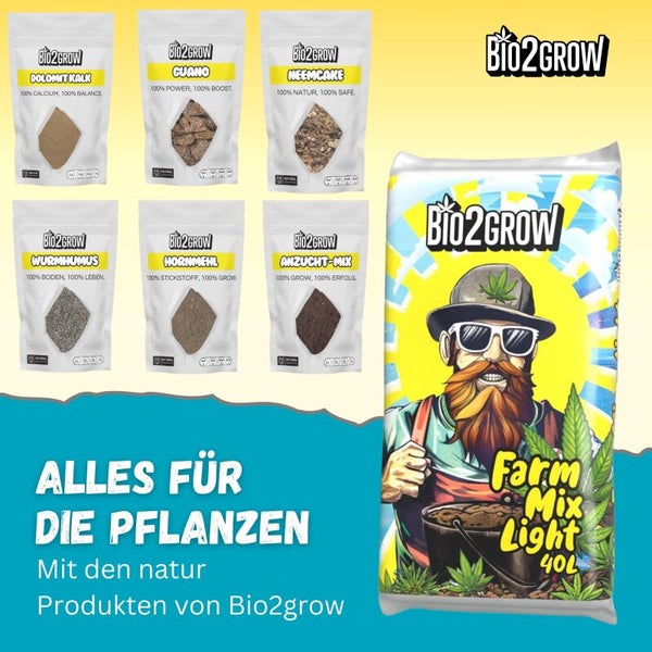 Bio2grow plant products including dolomite lime, guano, neem cake, worm humus, horn meal and seed mix