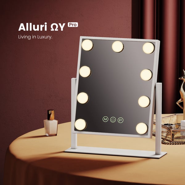 EMKE Hollywood Schminkspiegel mit Beleuchtung, 360° drehbar, 9 dimmbare LED-Lampen, 3 Lichtfarben, Touch-Schalter mit Speicherfunktion, 7x Vergrößerung, Weiß, 360×305×85 mm