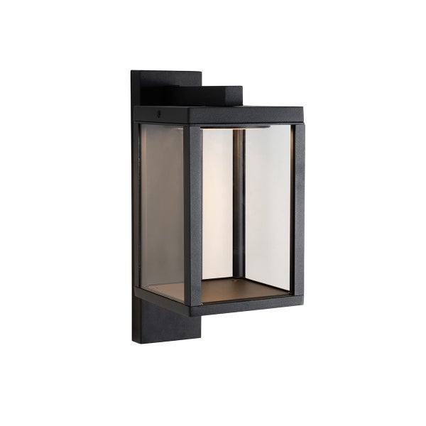 Moderne rechteckige Außenwandleuchte aus schwarzem Metall mit Glaseinsätzen.