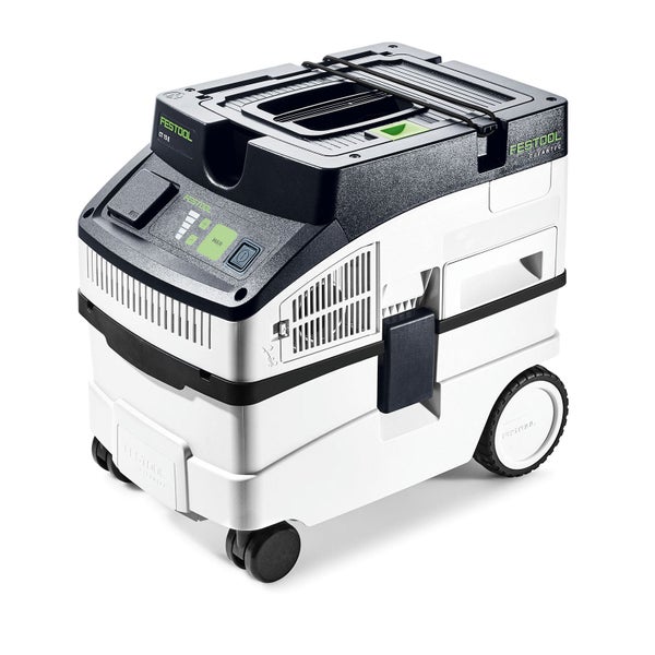 Festool Absaugmobil Cleantec CT 15 E mit Rollen, Bedienfeld und Tragegriff.