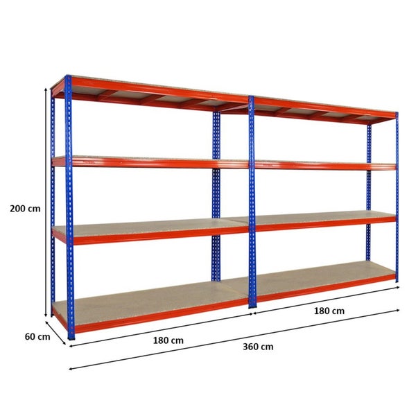PROREGAL Mega Deal 2x Profi Schwerlastregal Bison HxBxT 200 x 180 x 60 cm 4 Fachböden Fachlast 600 kg Blau-Orange