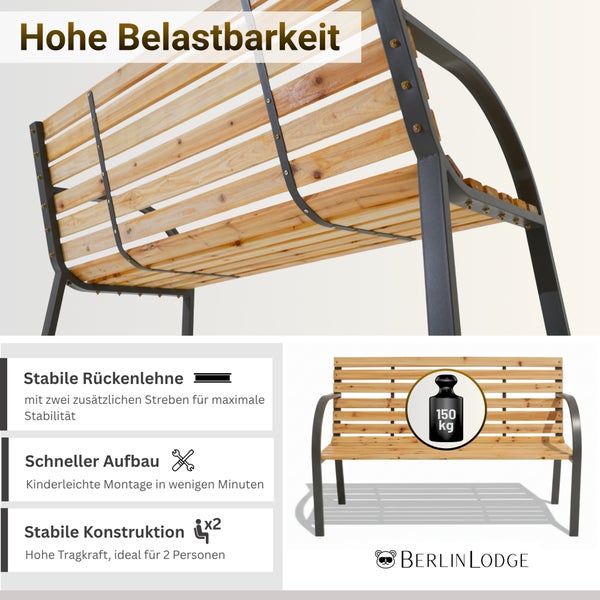 Gartenbank aus Holzlatten und Metallgestell, 150 Kilogramm Tragkraft für zwei Personen, einfache Montage, Berlin Lodge Logo.