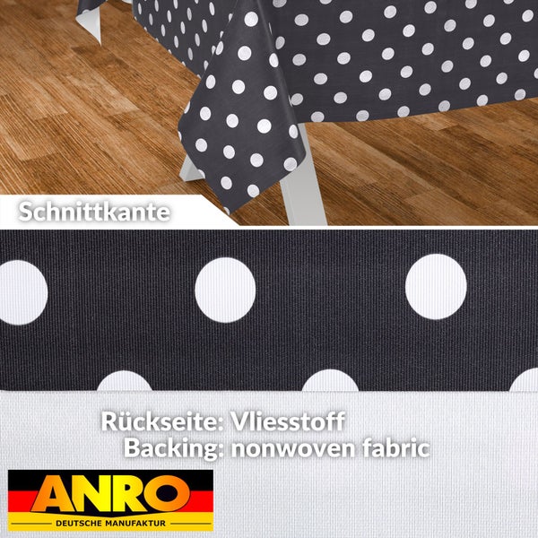 Wachstuch-Tischdecke mit Punktemuster, Schnittkante und Vliesstoff-Rückseite. ANRO Logo.