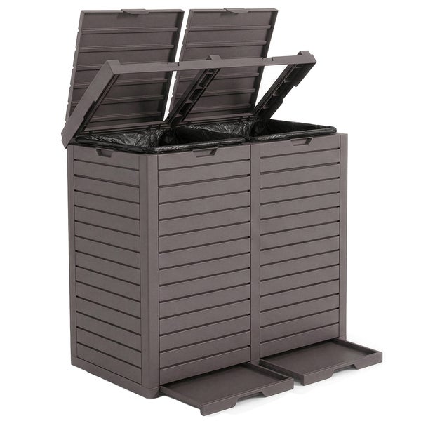 Doppel Mülltonnenbox mit zwei offenen Deckeln und Auszug