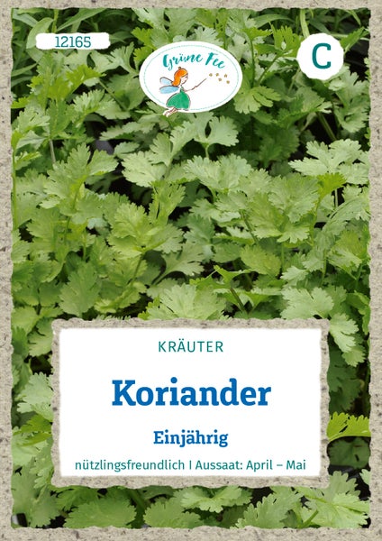 Koriander Kräuter, einjährige Pflanze, nützlingsfreundlich, Aussaat von April bis Mai, Grüne Fee Logo.