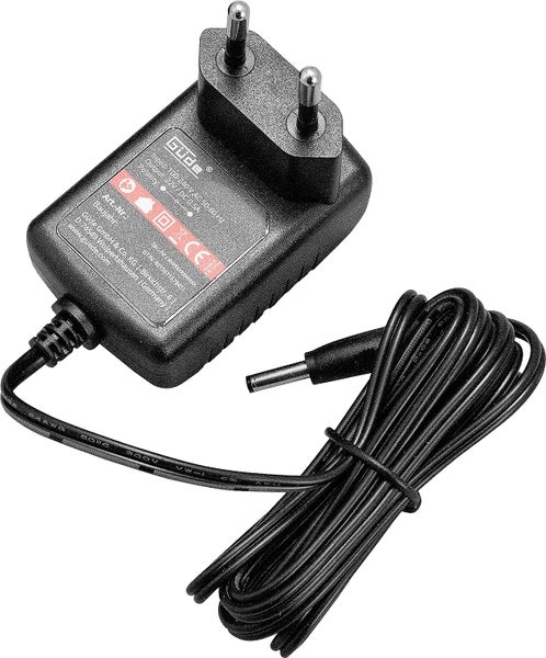 Güde Netzteil mit Eurostecker und schwarzem Kabel mit Hohlstecker.