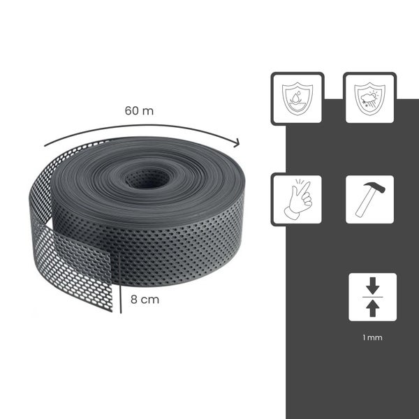 Lüftungsband Rolle 60 Meter Länge, 8 Zentimeter Breite, 1 Millimeter Stärke. Witterungsbeständig, wasserfest und einfach zu verarbeiten.