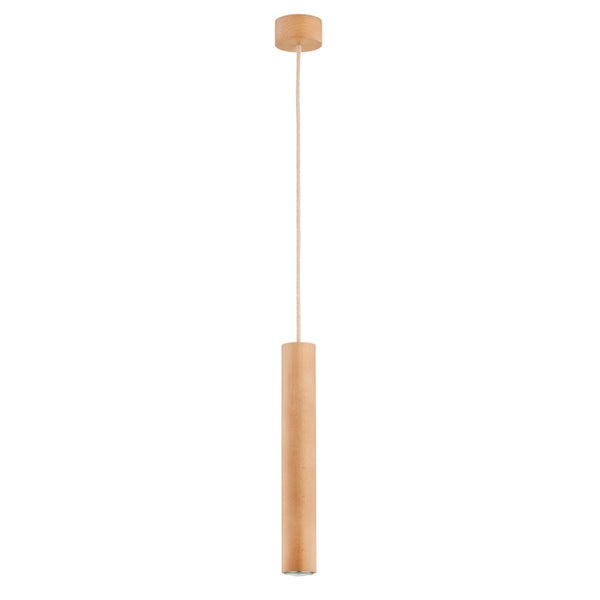 Moderne Pendelleuchte aus Holz mit zylindrischem Leuchtenkopf und einfacher Aufhängung zur Deckenmontage.