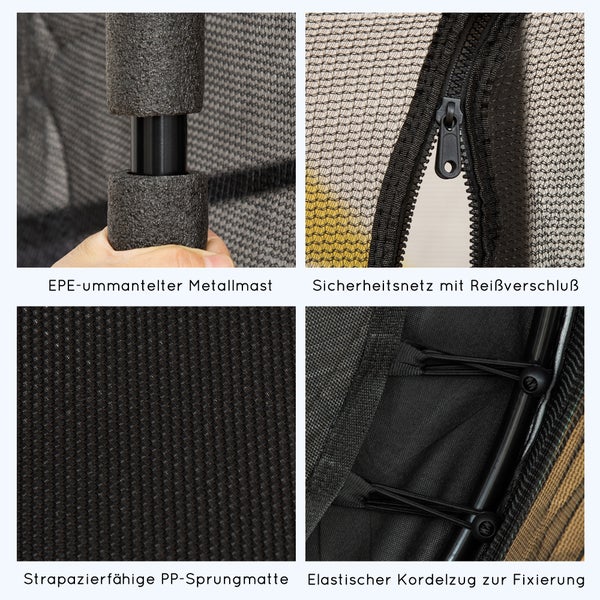 Trampolin Detailansicht: EPE-ummantelter Metallmast, Sicherheitsnetz mit Reißverschluss, strapazierfähige PP-Sprungmatte und elastischer Kordelzug zur Fixierung.