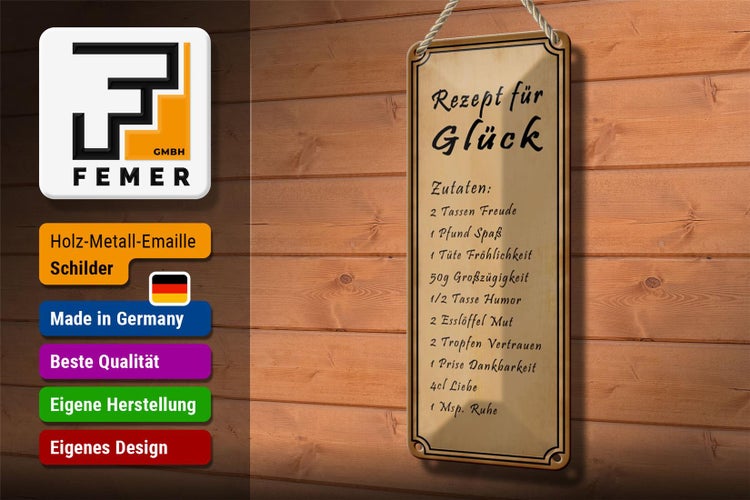 Blechschild Spruch 10x27cm Rezept für Glück 2 Tassen Freude Dekoration