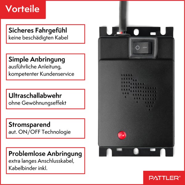 PATTLER® Marderschreck Auto Anschluss an 12V Autobatterie | Effektive Marderabwehr für Auto - mit Ultraschall | Sofortiger & Langfristiger Marderschutz für Auto im Motorraum