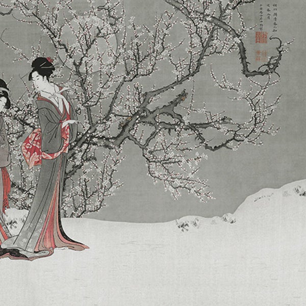 Gemälde mit zwei Frauen in traditioneller Kleidung unter einem blühenden Baum im Schnee