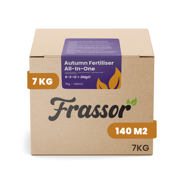 Frassor Herbstdünger All-in-One, 7 Kilogramm für 140 Quadratmeter, organischer Rasendünger für den Herbst.